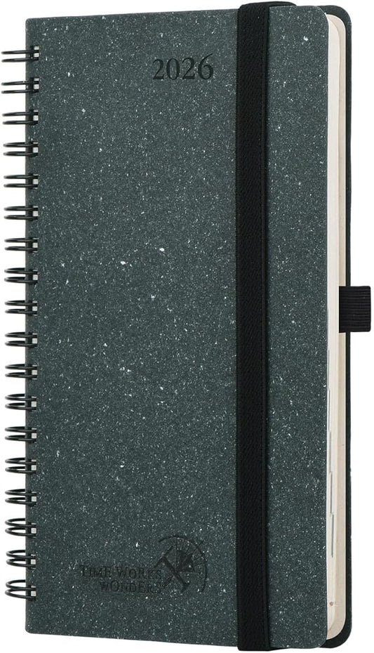 POPRUN 2026 Recycled Weekly Planner 12 Months Pocket Size (3.5'' x 6.5'') - Spiral Calendar Weekly and Monthly for Purse, with Italian Regenrated Leather, Pen Holder - Desert Brown