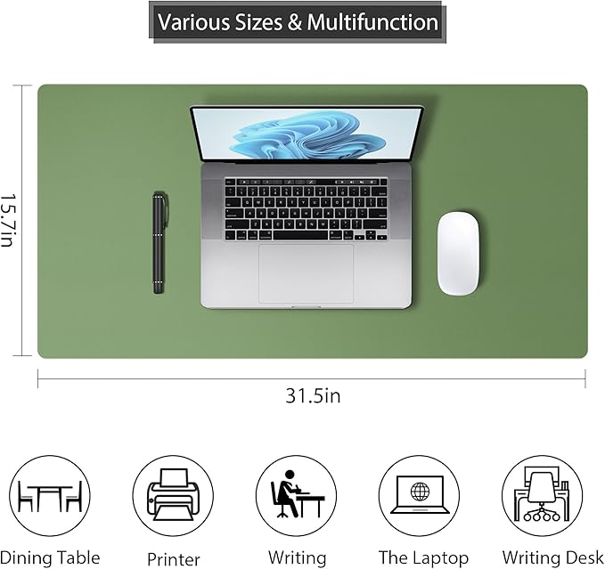 Leather Desk Pad Protector, Mouse Pad, Non-Slip Computer Mat for Desk, PU Leather Office Desk Mat for Home & Office, Waterproof Laptop Desk Blotter for Keyboard and Mouse, Olive Green (15.7''X31.5'')