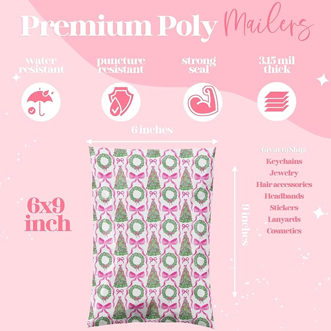 6x9 Designer Poly Mailer 100 Pack Heavy Duty Waterproof Self Seal Shipping Bags for Small Business Large Mailing Envelopes Bulk Tear Resistant Packaging Coquette Christmas Holiday Bows