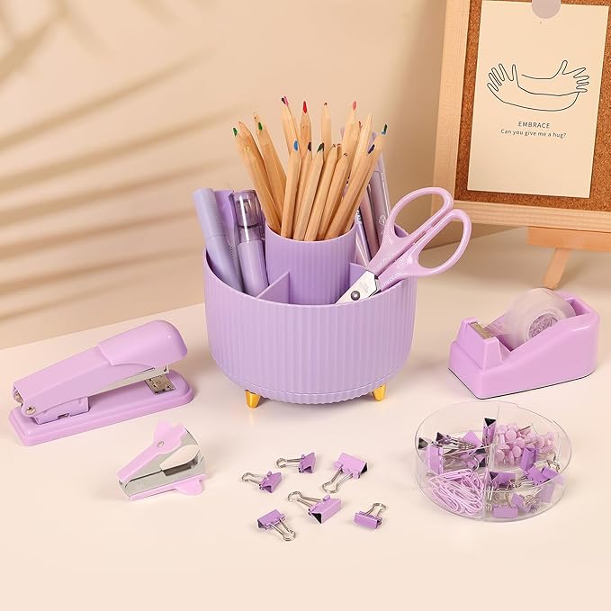 SKYDUE Purple Office Supplies Set, Purple Office Desk Accessories 10PCS, Pencil Holder for Desk, Stapler, Tape Dispenser, Scissors, Ruler, Binder/Paper Clips and 1000pcs Staples,Desk Supplies Set