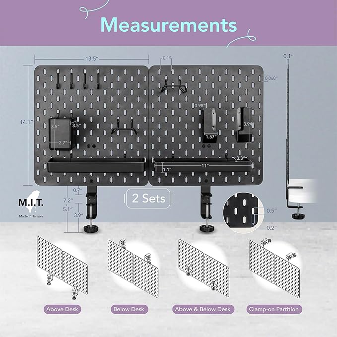 EHO Clamp-On Desk Pegboard, 2Pack (Combined Size 27 x 14 inch) Privacy Divider, Desk Partition Panel, No-Drill Desk Mounted Peg Board Organizer for Office, Gaming, Home, Black