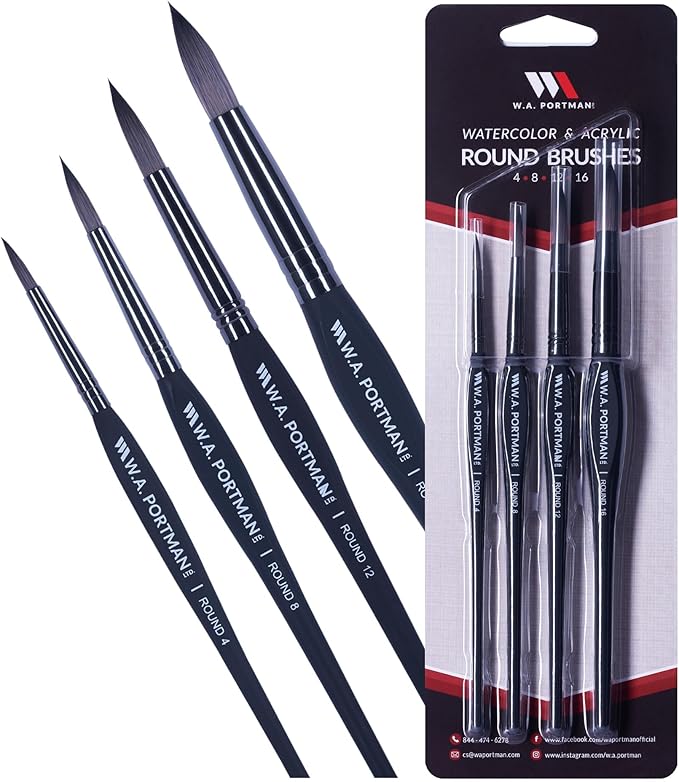 WA Portman Round Acrylic and Watercolor Paint Brushes 4pc Set - 100% Vegan, Cruelty-Free Round Paint Brushes for Acrylic Painting and Watercolor Painting with Triangular Comfort Grip