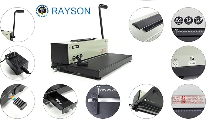 Rayson PD-1501 Coil Binding Machine with Electric Coil Inserter - Professionally Bind Presentations Documents, 4:1 Pitch with 46 Round Holes Spiral Binder