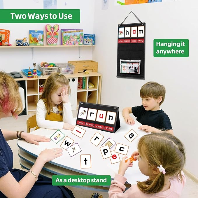 CVC Word Builder Desktop Pocket Chart with 107 Cards, Kids Word Builder Games for CVC CVCC CCVC Learning Reading Spelling Early Education Tool for Preschool Kindergarten Classroom.