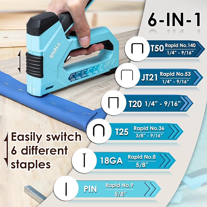 SHALL 6-in-1 Staple Gun Heavy Duty - Upholstery Stapler Nail Gun with 4000 Counts Staples, Manual Brad Nailer with Staple Remover for Wood, Crafts, Fabric, Cable, Wall, Decoration, Furniture