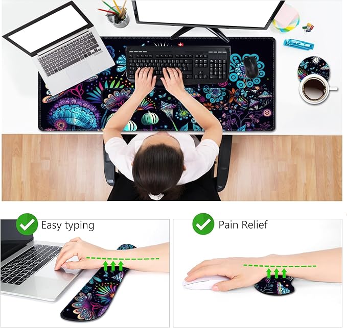 AIMSA Large Gaming Mouse Pad Set, Keyboard Wrist Rest Support+ Extended Mousepad+ Mouse Wrist Cushion+Coaster, Ergonomic Multifunctional Desk Mat 35x15.7in, Colorful Abstract Mushrooms