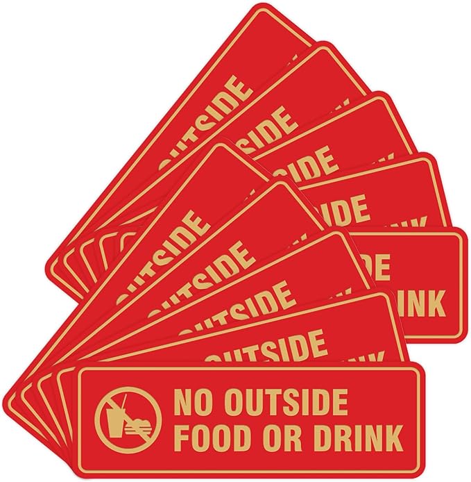 Standard No Outside Food or Drink Door/Wall Sign - Red/Gold - Small 10 Pack