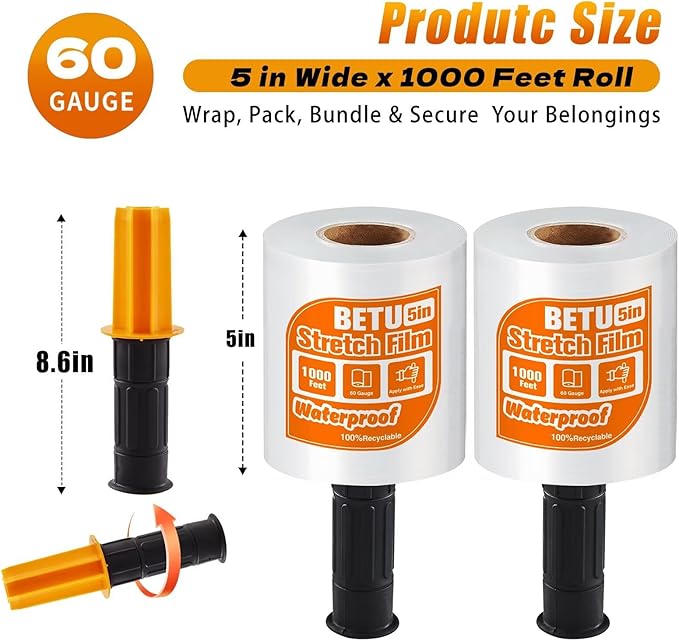 BETU Plastic Wrap Stretch Film for Moving Supplies 5inch X 1000ft, Shrink Wrap Stretch Roll Industrial for Furniture Wrapping Shipping Pallet Moving Boxes Storage with Handles, 2 Pack, Clear