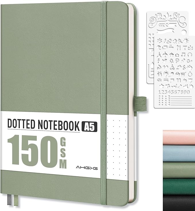 AHGXG Bullet Dotted Journal - 150 GSM Dot Grid Notebook Journal, Thick Acid-Free Paper, A5 Dotted Notebook 128 Pages, Leather Hardcover, Inner Pocket, Journal Stencil, 5.7'' × 8.3'' - Sage Green