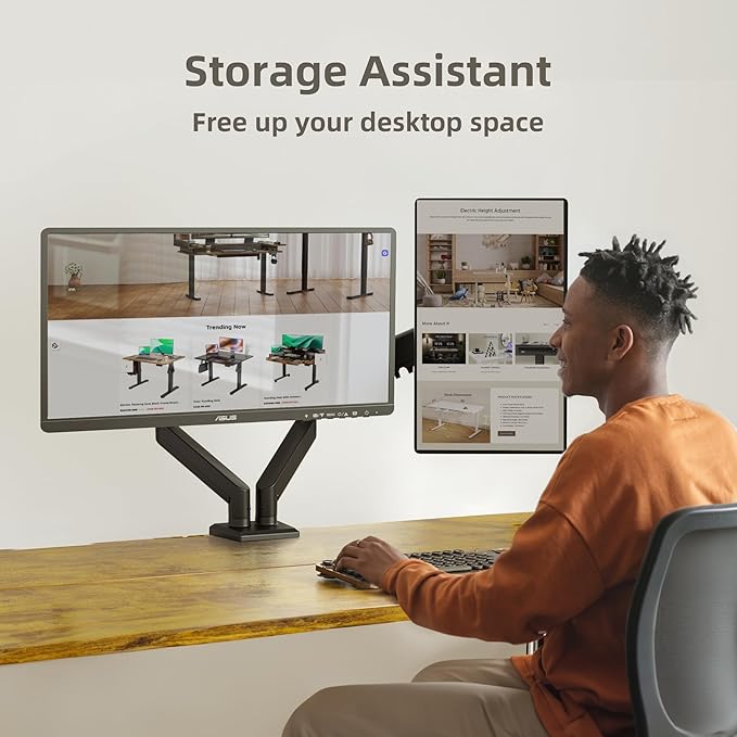 Claiks Dual Monitor Mount for 15-32 Screens, Ergonomic Gas Spring Monitor Arm for, Adjustable Computer Monitor Stand up to 40 lbs, with Clamp and Grommet Base, VESA Mounting Holes 75&100mm, Black