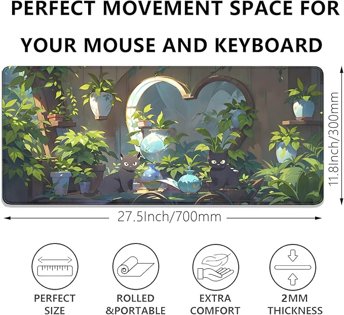 Lofi Cat Mouse Pad Green Plant Desk Pad,Black Cat Extended Gaming Mouse Mat with Stitched Edges Non-Slip Waterproof Rubber Base Mous Mat for Office,Computer,Keyboard,Laptop,Home Desk Pad(27.5X11.8 in)