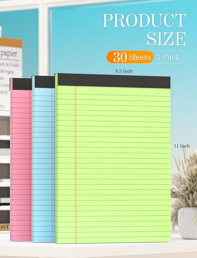 Legal Pads 8.5 x 11 Colored Note Pads 8.5 x 11, 3 Pack Notepads 8.5 x 11, Pink Notepad 8.5 x 11 Legal Pad, Notebook Paper 8.5 x 11 for Home Office Supplies, Lined Paper Pads 8 1/2 x 11, 30 Sheets/Pad