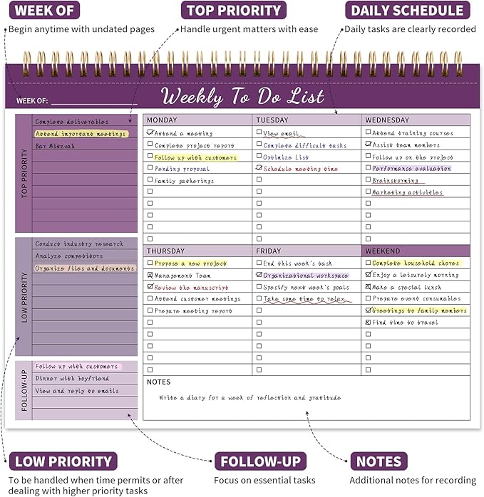 Weekly To Do List Notepad, 52 Undated Sheets （8.5"×11") Duplex-Printed Weekly Desk Planner For Work Home School Office Desk Accessories Supplies & Goal Setting Tasks - Purple