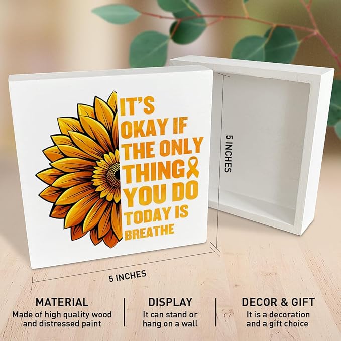 Therapy Office Desk Wooden Box Sign Decor, Suicide Prevention Sunflower Wood Box Sign Decorations for School Psychologist Therapy Office, Gifts for Therapist Psychologist School Counselor, It's Okay