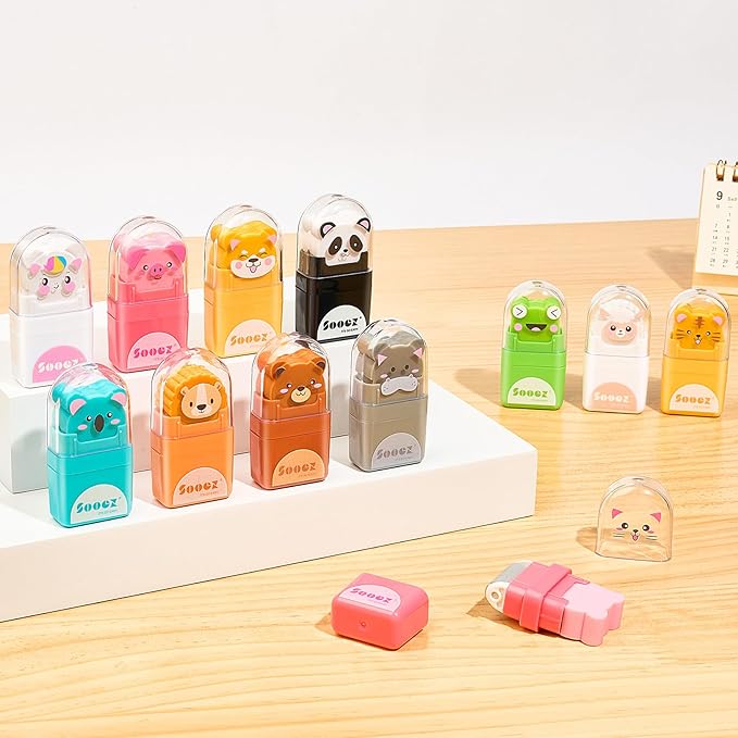 Sooez 12 Pack Pencil Erasers with Clean up Roller, Cute Erasers for Kids, Animal Fun Eraser with Shaving Roller and Cover, for Teacher Class Favor School Supplies Home Office Party