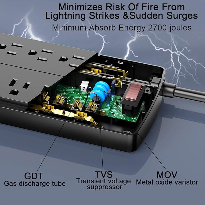 Power Strip, Tcstei Surge Protector with 12 Outlets and 4 USB Ports, 6 Feet Extension Cord (1875W/15A) for for Home, Office, Dorm Essentials, 2700 Joules, ETL Listed, (Black)