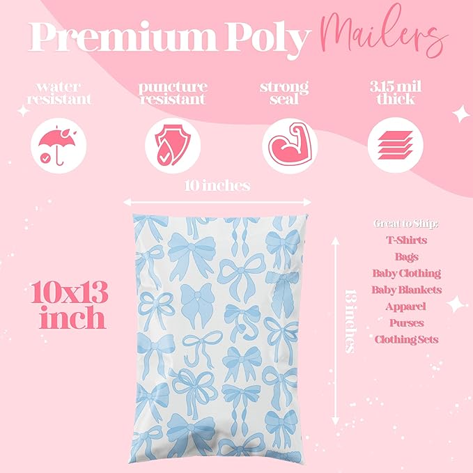 10x13 Designer Poly Mailer 100 Pack Heavy Duty Waterproof Self Seal Shipping Bags for Small Business Large Mailing Envelopes Bulk Tear Resistant Packaging Blue Bows