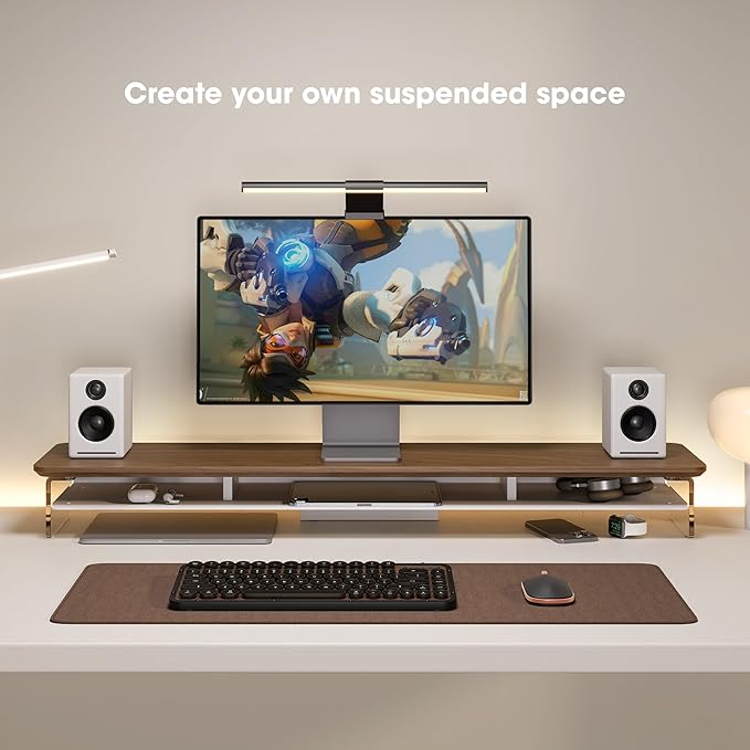 Fenge Acrylic Monitor Stand Riser, 42.5 Inches Dual Monitor Stand with Metal Storage, 2 Tier Acrylic Computer Riser for Desk, Clear Laptop Stand for PC, Laptop, Printer, TV, Brown