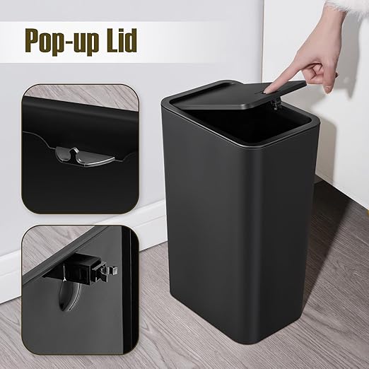 TrashAid 3 Pack Bathroom Trash Can with Lid, 2.6 Gallon / 10 Liter Small Garbage Can with Press Top Lid, Plastic Wastebasket with Pop-up Lids for Toilet, Office, Bedroom, Living Room, Black