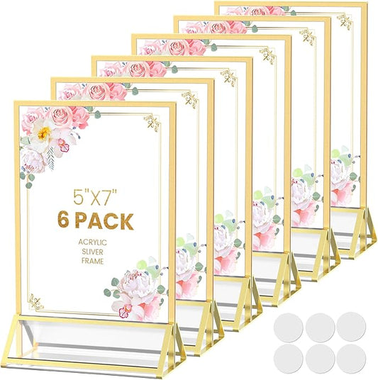 5X7 Acrylic Sign Holder Double-Sided Gold Frames Flyer Display Stand for Menu Wedding Table Number with Clear Sticky Dots - 6 Pack