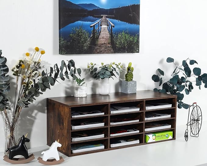 PAG Mail Sorter Organizer, Wood Countertop Literature Organizer, Student Mailbox for Classroom, Desktop Bill Paper Organizer for Office Home School, 12 Compartments, Antique Brown