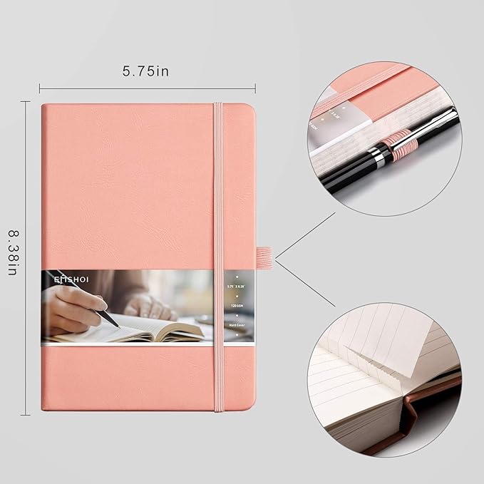 EMSHOI College Ruled Notebook-120gsm Thick Paper, 256 Numbered Pages Lined Journal for Women, 16 Perforated Pages, Faux Leather Hardcover, Inner Pocket, Pen Holder, A5 Medium 5.75" x 8.38"-Pink