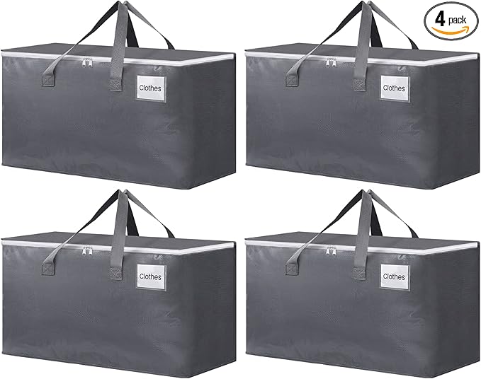 BlissTotes Large Moving Boxes and with Zippers & Handles Moving Supplies with lids, Heavy Duty Totes for Storage Bags for Space Saving, Fold Flat, Moving and Storing 93L, 4 Pack