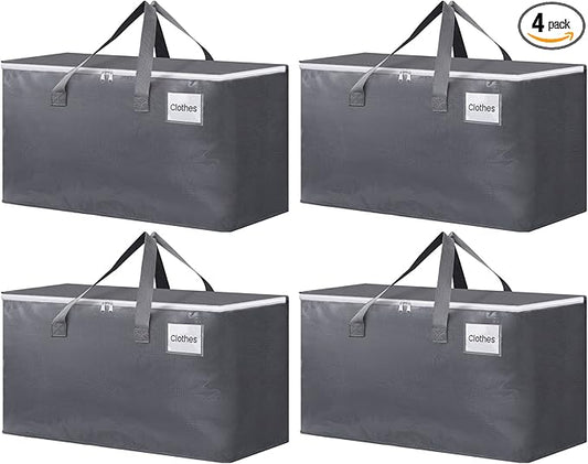 BlissTotes Large Moving Boxes and with Zippers & Handles Moving Supplies with lids, Heavy Duty Totes for Storage Bags for Space Saving, Fold Flat, Moving and Storing 93L, 4 Pack