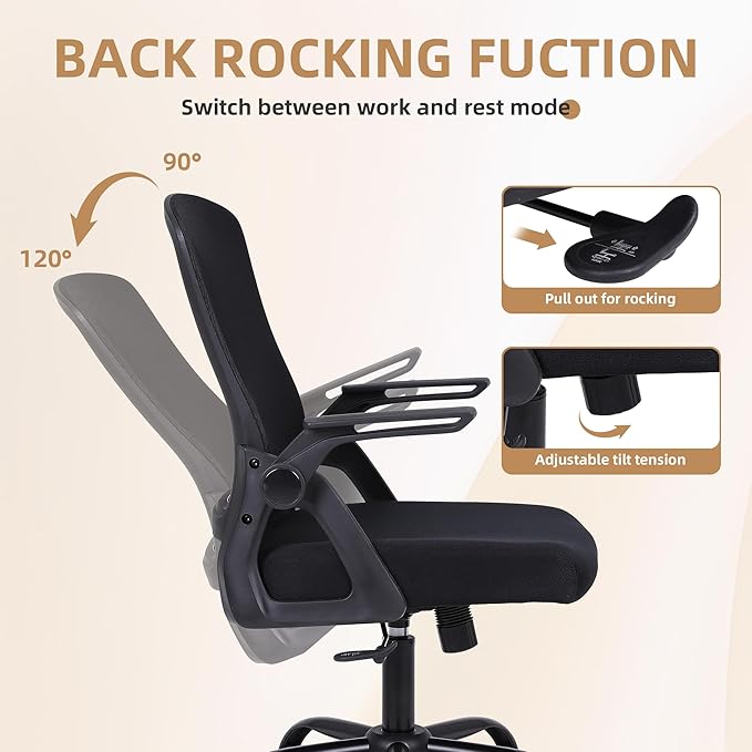 Office Chair, Ergonomic Desk Chair with Lumbar Support, Breathable Mesh Chair with Flip-up Armrests and Mid Back, Comfy Task Computer Height Adjustable Swivel Chair (4, Black)