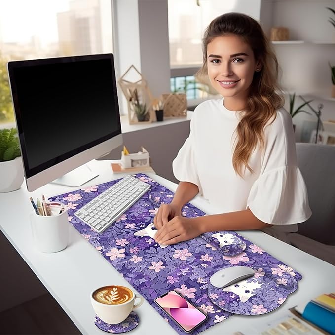 Purple Mouse Pad Large Desk Mat Set, Kawaii Cat Computer Mouse Pad with Wrist Rest Keyboard Wrist Support XXL Mousepad Cup Coaster Set, Cute Purple Office Desk Accessories Cat Decor Supplies