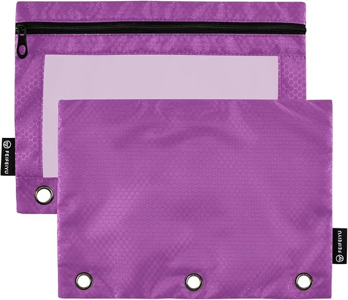 Gredecor Binder Pencil Pouch 3 Ring Purple Zipper Pencil Pouches Case 2 Pack Clear Window Binder Organizer for School Office