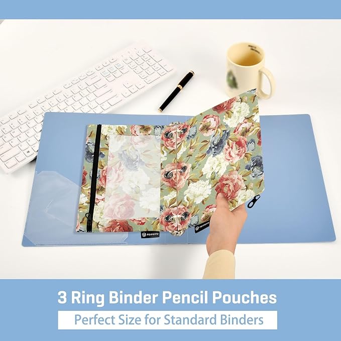 ALAZA Pencil Pouch for 3 Ring Binder, Retro Peony Floral Binder Pencil Pouches with Clear Window Zipper Pencil Case Cosmetic Bags for Office College Supplies, 2PCS