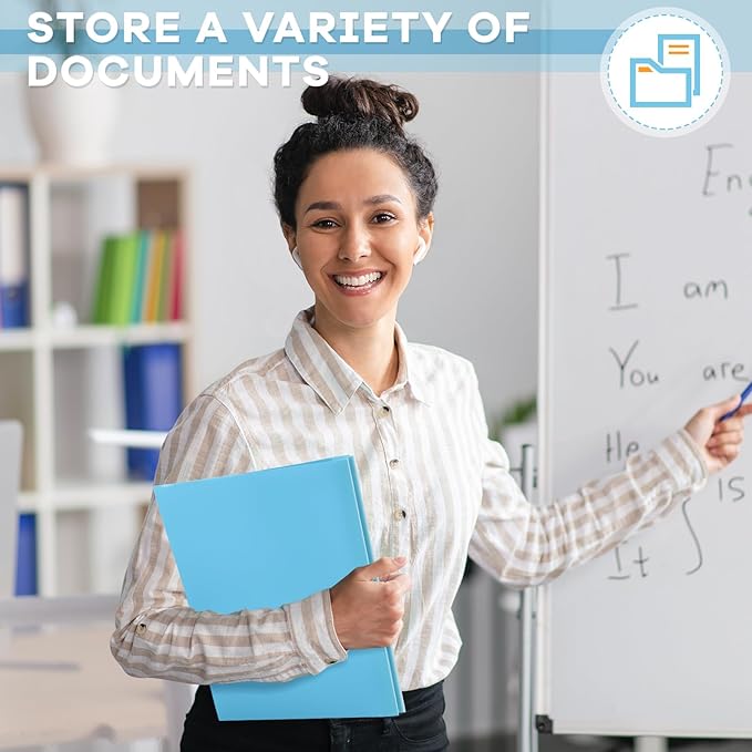 Henoyso 48 Pcs Plastic Folder with Clear Front Pocket and 3 Prongs Heavy Duty Plastic Folders with Card Slot Pocket Folders with Prongs for School Office Home(Light Blue)