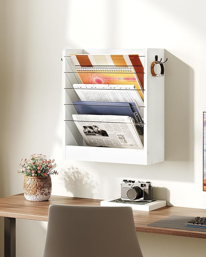 Wall File Holder, 6-Tier File Organizer, Office Supplies Storage Rack, Versatile Desktop Organizer, with Detachable Shelves, with Side Hooks, for Living Room, Study, Home Office, White MWJ02WB