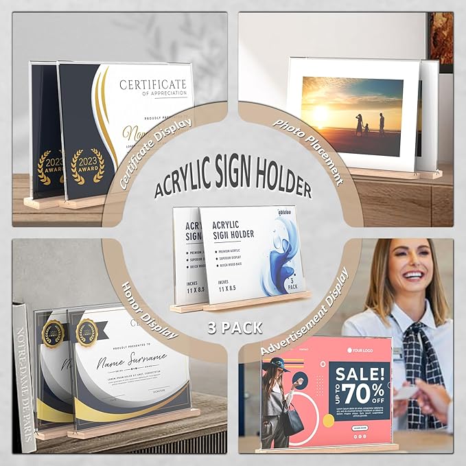 Acrylic Sign Holder 11x8.5 with Wood Base,T-shape Table Display Stands for Office,Store,Restaurants and Event use,Flyer Holder for Ads, Menu, Picture(3 packs,horizontal-L11*H8.5inches)