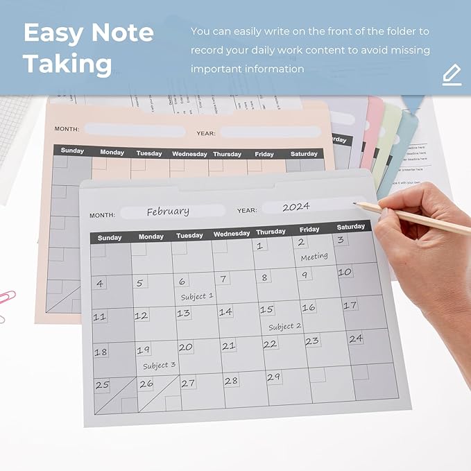 Y YOMA 6 Pack File Folder Jackets Letter Size Paper Pocket File Folder with Reinforced Straight-Cut Tab Pre-Printed Job Folders No Expansion Organizer for Office, Soft Colors, Calendar Design