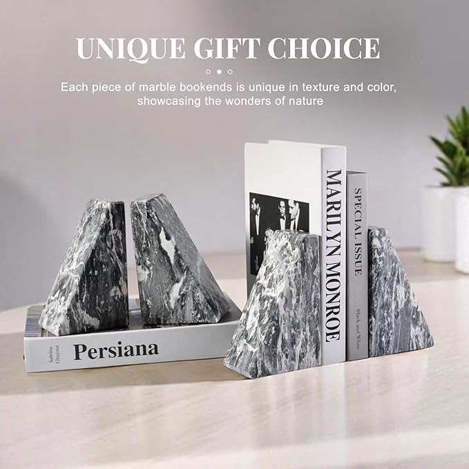 Koville Marble Bookends for Shelves, Large Bookends for Heavy Books, Natural Stone Book Stopper for Books CD Movies, Aesthetic Decorative Book Ends (Grey)