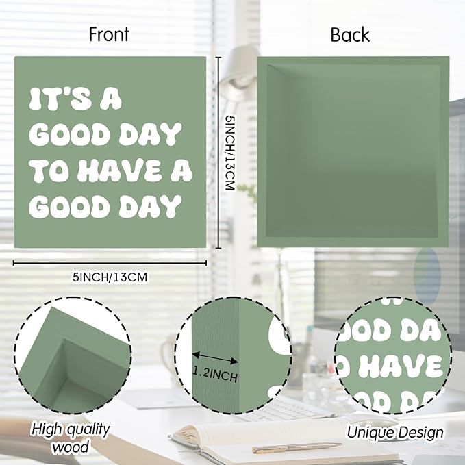 Sage Green Office Desk Accessories Decor Sign Positive Decor Motivational Gifts for Women - Inspirational Wooden Box Sign Desk Decorations Good Vibes Decoration for Home Office