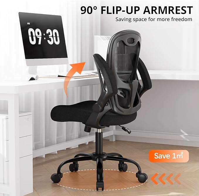 Office Chair, Ergonomic Desk Chair Breathable Mesh Chair with Adjustable High Back Lumbar Support Flip-up Armrests, Long Hours Comfortable Computer Chair for Home Office, Black