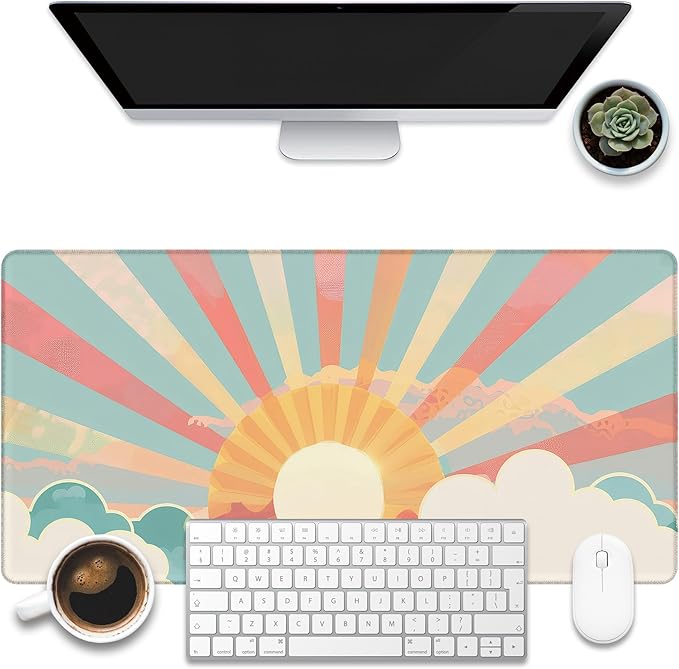 Large Gaming Mouse Pad for Desk, Boho Pastel Sun Desk Mat, Colorful Sunshine Desk Pad, 31.5"x15.7" Extended Big Computer Keyboard Mouse Pad with Non-Slip Base and Stitched Edge