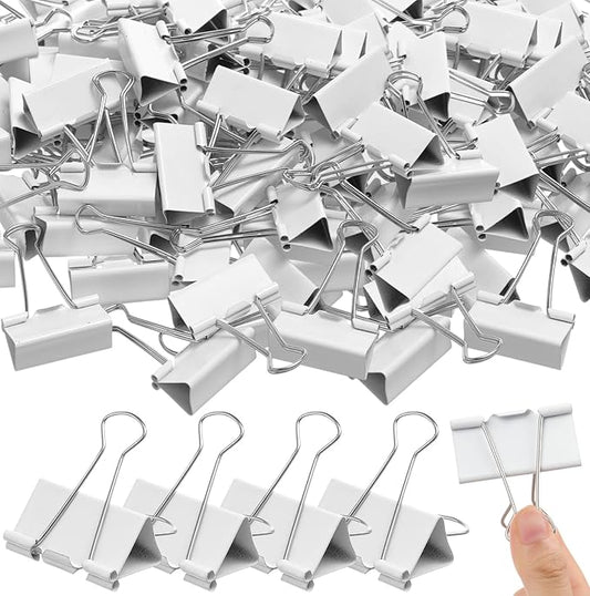 Jetec 100 Pack 1.6in/41mm White Metal Binder Clips Bulk Medium Reusable Fold Back Binder Clips Paper Clamps Spring Steel Sturdy for Home School Office Supplies