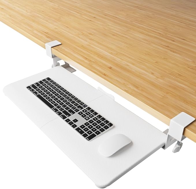Large Keyboard Tray Under Desk Slide Out with Extra Sturdy C Clamp Mount System,26'' (30'' including Clamps) x11 Slide-Out Keyboard Drawer Under Desk for Typing,Keyboard Mouse Tray,White
