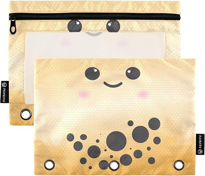 ZAZYXTJ Custom Personalized Bubble Tea Print Binder Pencil Pouchs 3 Ring with Zipper Clear Window Office Organizers bag for School Students Teacher Supplies 2 Pack