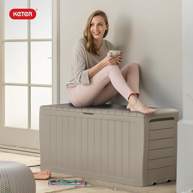 Keter Marvel Plus 71 Gallon Resin Deck Box-Organization and Storage for Patio Furniture Outdoor Cushions, Throw Pillows, Garden Tools and Pool Floats, Beige