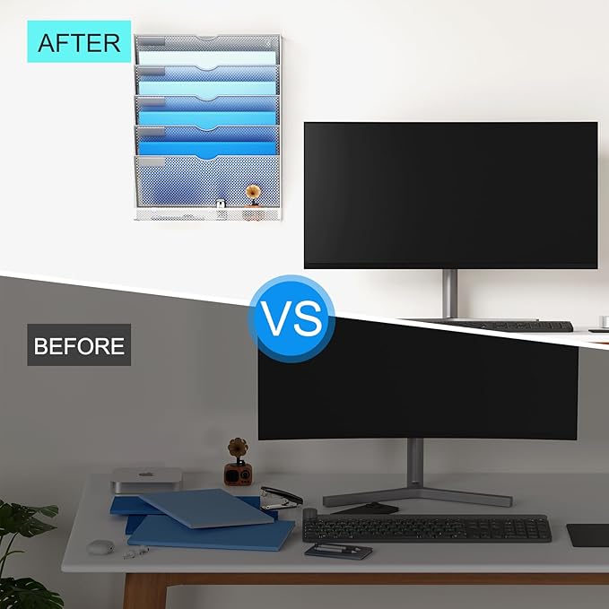 Hanging Wall File Organizer 6 Tier Wall Mounted File Holder Document Wall Organizer Magazine Organization for Office Home, Silver