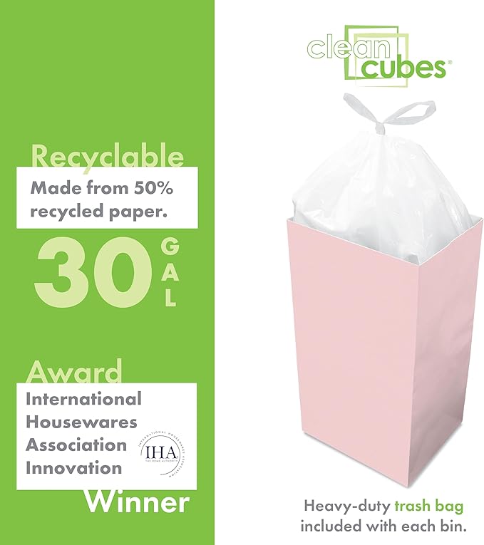 | 30 Gallon Disposable Trash Cans (3-Pack) with Fitted Trash Bags - Reusable Garbage and Recycling Bins for Parties, Events, and More (Pink- 30” Height x 17” Width x 14” Depth)