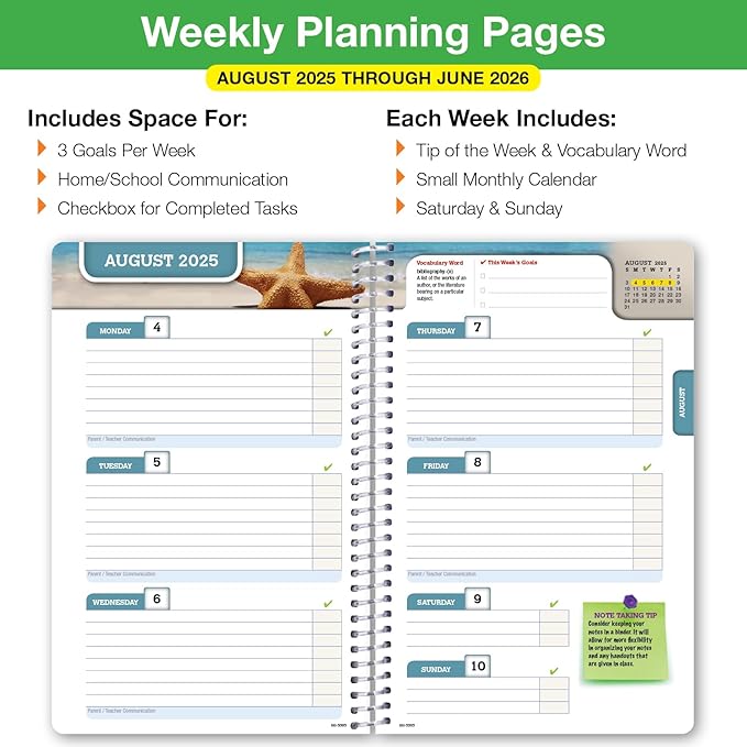 Global Datebooks Dated Middle School or High School Student Planner for Academic Year 2025-2026 Includes Ruler/Bookmark and Planning Stickers (Block Style - 5.5"x8.5" - Doodles)