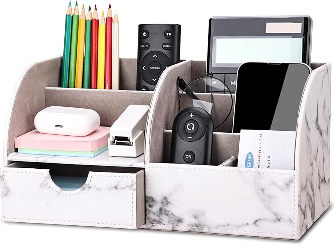 KINGFOM Pu Leather Desk Organizer Pen Pencil Holder Office Supplies Caddy Storage Box 6 Compartments with Drawer Gray Marble