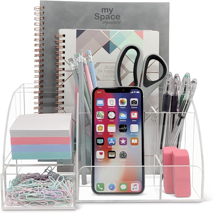 Clear Acrylic Desk Oganizer, 9 Compartments, Office Supplies and Desk Accessories Organizer, Home Decor Desktop Organizer (Clear)