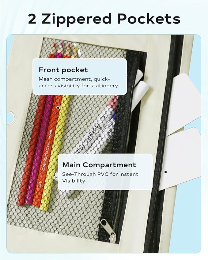 Pencil Pouch for 3 Ring Binder - 3 Hole Zipper Pen Case Bag Holder Bulk Accessories Clear Window Aesthetic Organizer Pockets (Beige, 1)